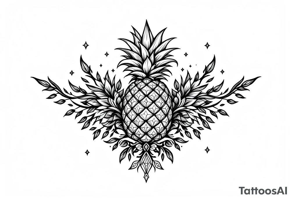 Design around a vagina and anus area using a pineapple with diamonds and magestic, crown, vagina, anus, pubic tattoo idea