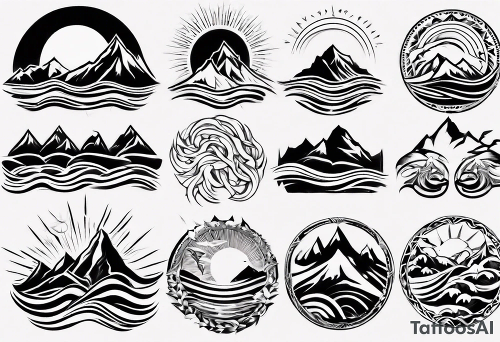 sleeve, mountains, waves, sun, trees tattoo idea