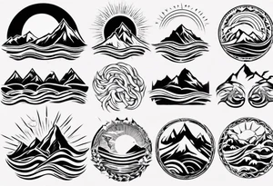 sleeve, mountains, waves, sun, trees tattoo idea