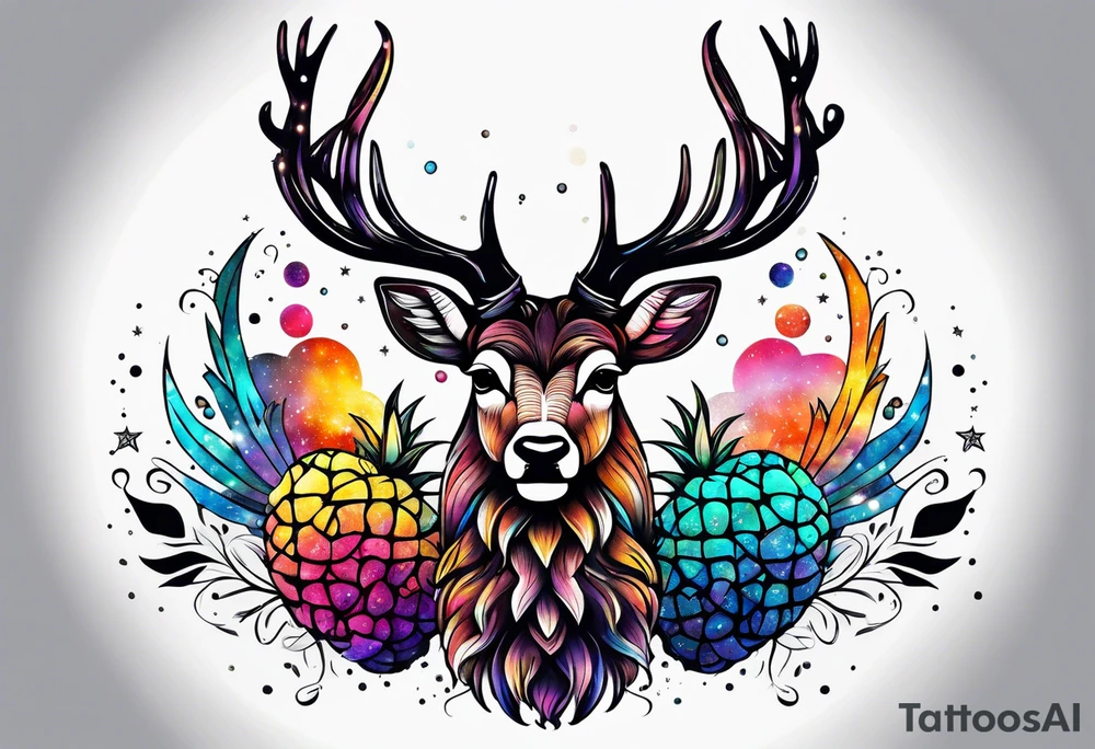 stag featuring colours of the universe and galaxies and pineapples in amsterdam tattoo idea