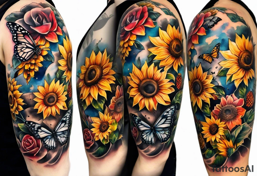 Sleeve with clock, sunflower and butterfly tattoo idea