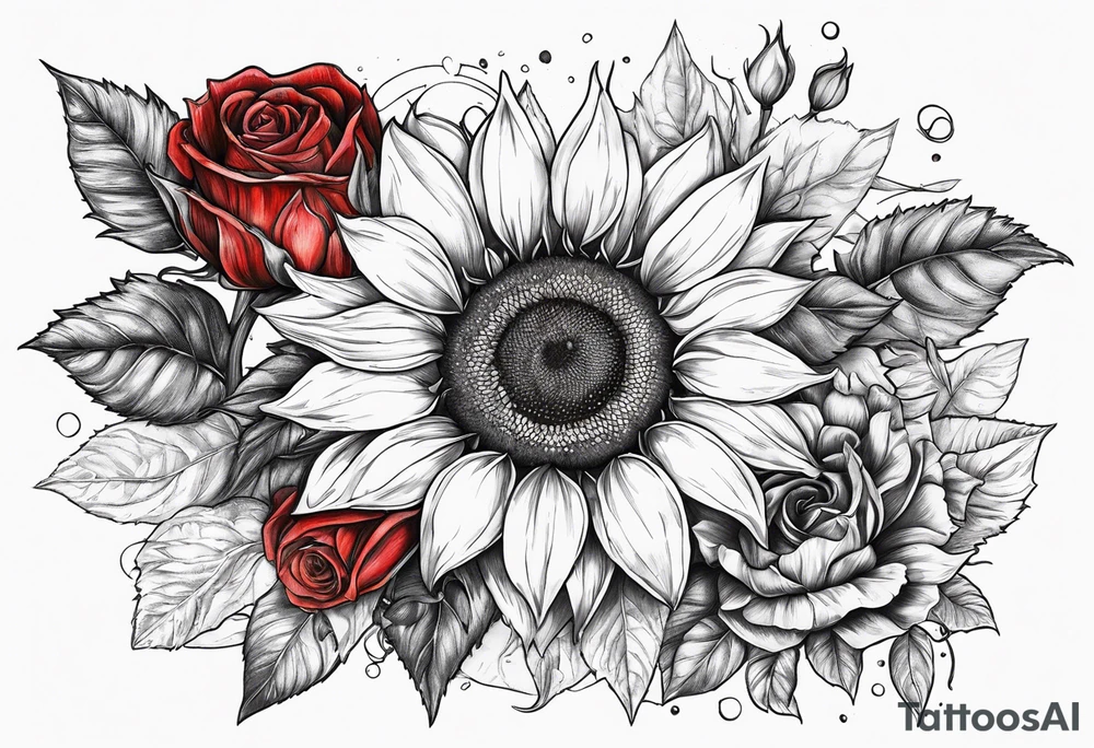 Sunflower and roses with the name Arianna in red scrip letters and “you are my sunshine” tattoo idea