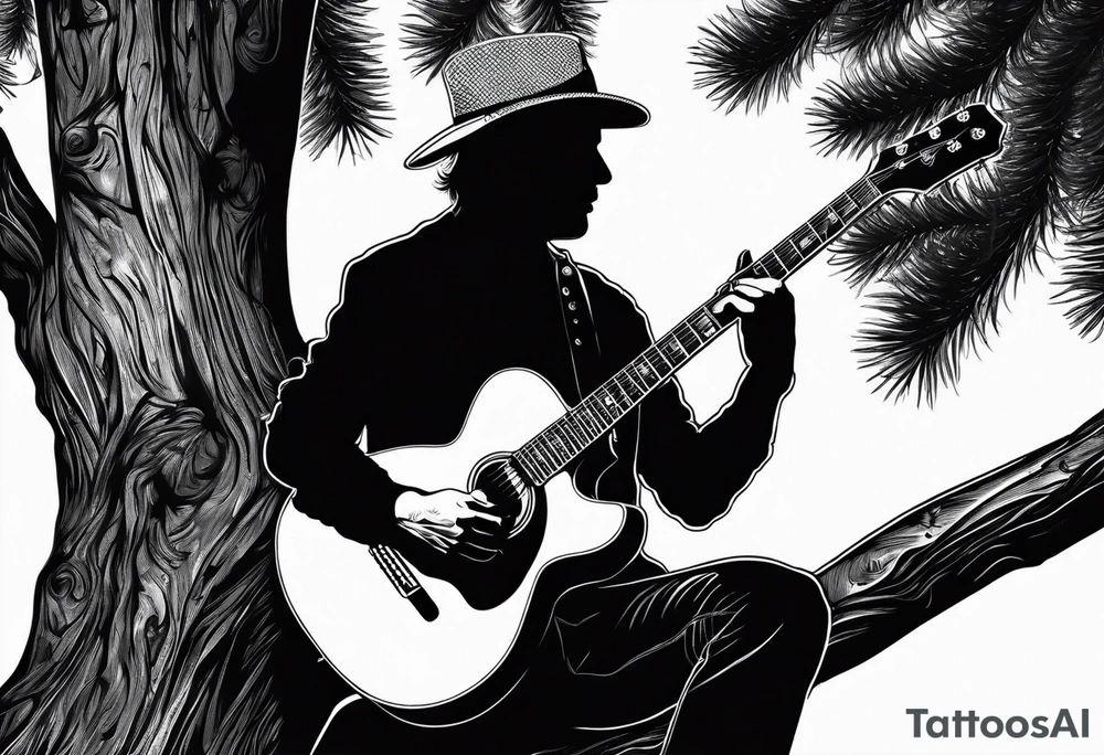 silhouette of a man sitting on a pine tree branch, playing electric guitar tattoo idea
