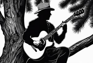 silhouette of a man sitting on a pine tree branch, playing electric guitar tattoo idea