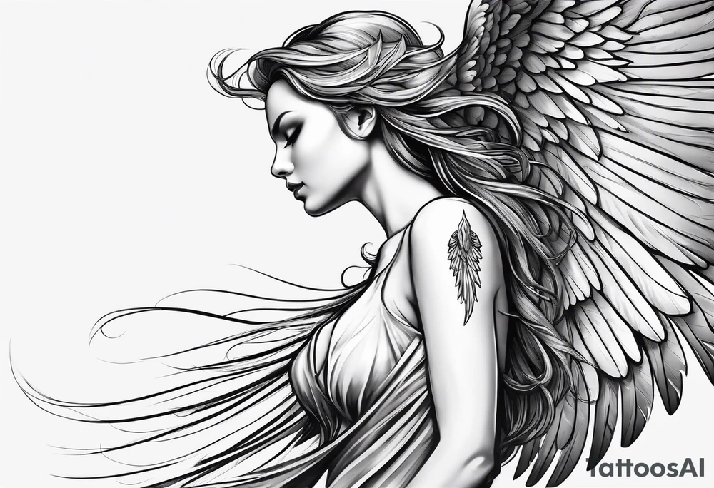 angel woman with big wings full body flying on the sky looking right side  we  can see right profile tattoo idea
