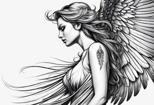 angel woman with big wings full body flying on the sky looking right side  we  can see right profile tattoo idea