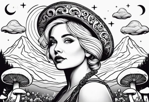 Chubby old blonde woman surrounded by mushrooms crescent moon mountains background tattoo idea