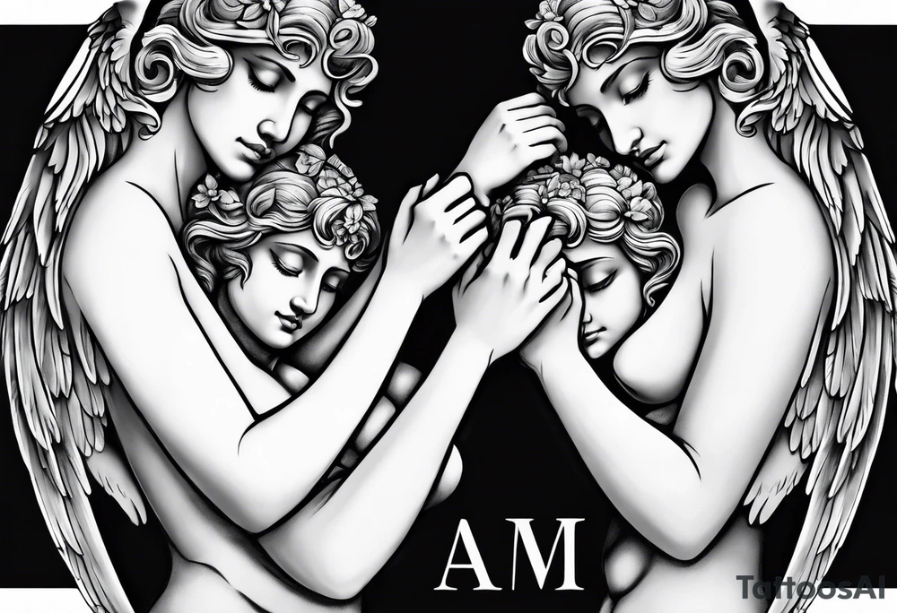 three angels holding hands, no color, realistic inside of bicep tattoo idea