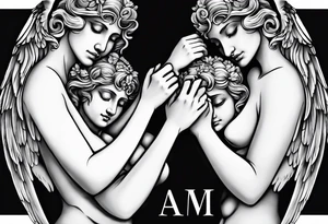 three angels holding hands, no color, realistic inside of bicep tattoo idea