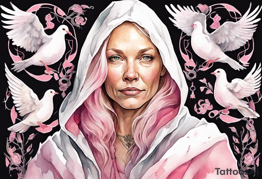 a 45-year-old Norse woman with blonde  hair wearing a white and pink cloak surrounded by doves tattoo idea