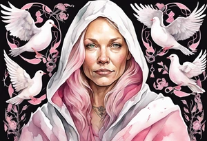 a 45-year-old Norse woman with blonde  hair wearing a white and pink cloak surrounded by doves tattoo idea