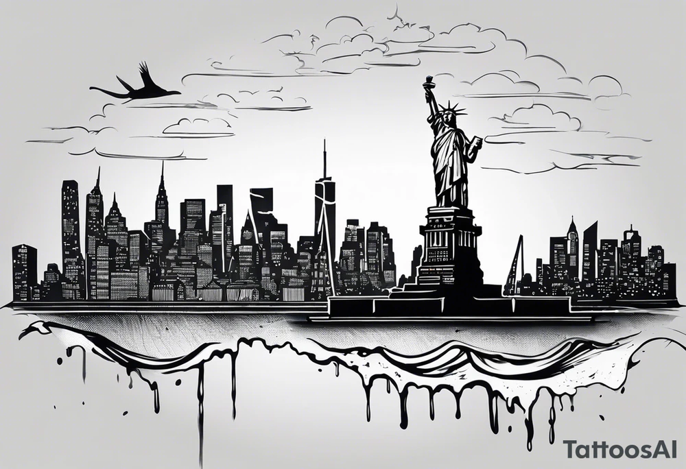 New york city skyline with Statute of liberty head in the background. White outline around head. Below the skyline in grafitti style text "NO QUIT" in the negative white space with shading around it. Put ice skatng marks through the text and throughout the image tattoo idea