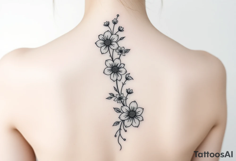 Delicate simple flowers vertically down the spine tattoo idea