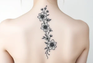 Delicate simple flowers vertically down the spine tattoo idea