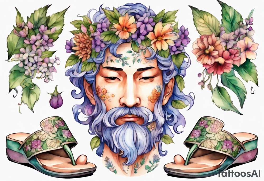 Dionysus covered in flowers and leaves wearing floral slippers tattoo idea