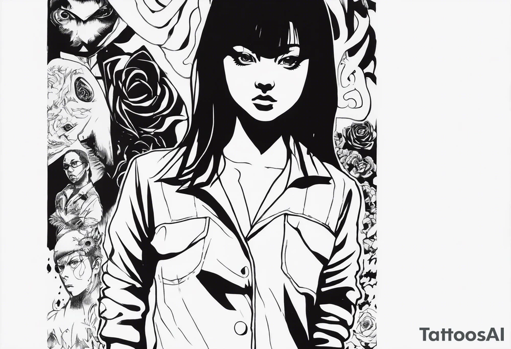 portrait of tomie standing up a character by the horror manga author junji ito full body standing murderously. add more horror and gore elements tattoo idea