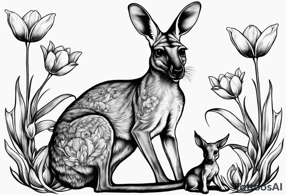 A kangaroo with a puppy in its pick surronded by tulipa tattoo idea