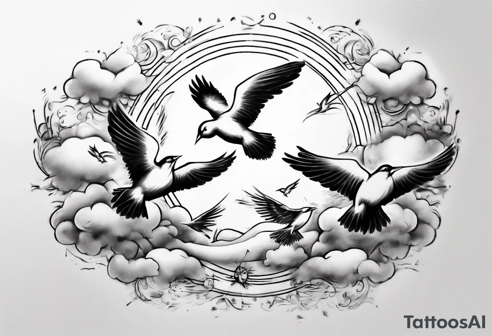 a shoulder tattoo with rays of light, clouds and birds flying free tattoo idea
