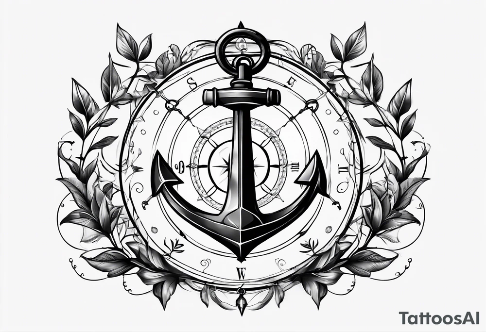 A selucid style anchor in front of a compass with north south east west marked on it and a narrow laurel wreathe wrapped around the compass tattoo idea