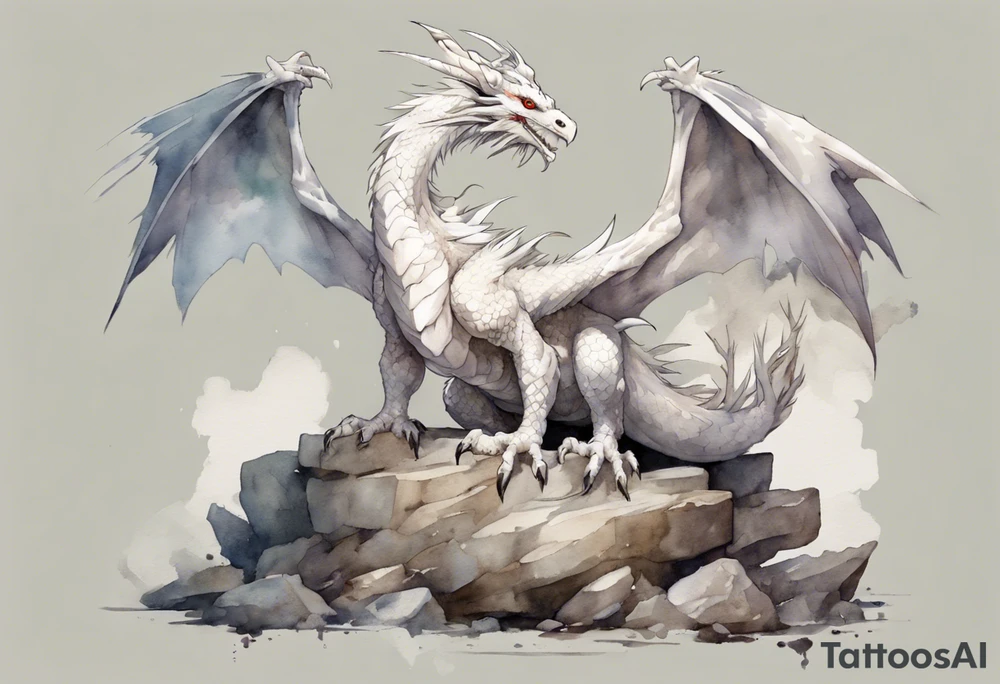 a white bird-dragon hybrid wearing a plain iron diadem, standing on a stone throne tattoo idea