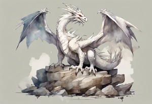 a white bird-dragon hybrid wearing a plain iron diadem, standing on a stone throne tattoo idea