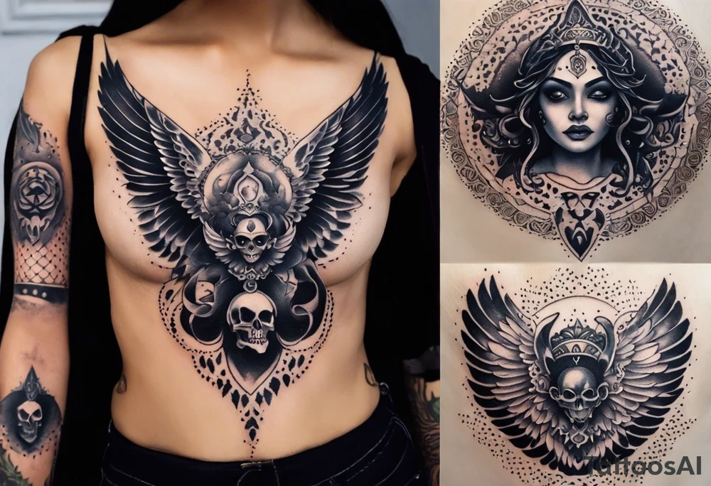 black kali, goddess pirate, alien, angel, pachamama, valkrye, warrior, flying, skull, lotus azul, wing, eagle, zenza resonance, stars, 5D, anahata chakra, death, durga, riding on a tiger, flying lady, chest tatoo tattoo idea