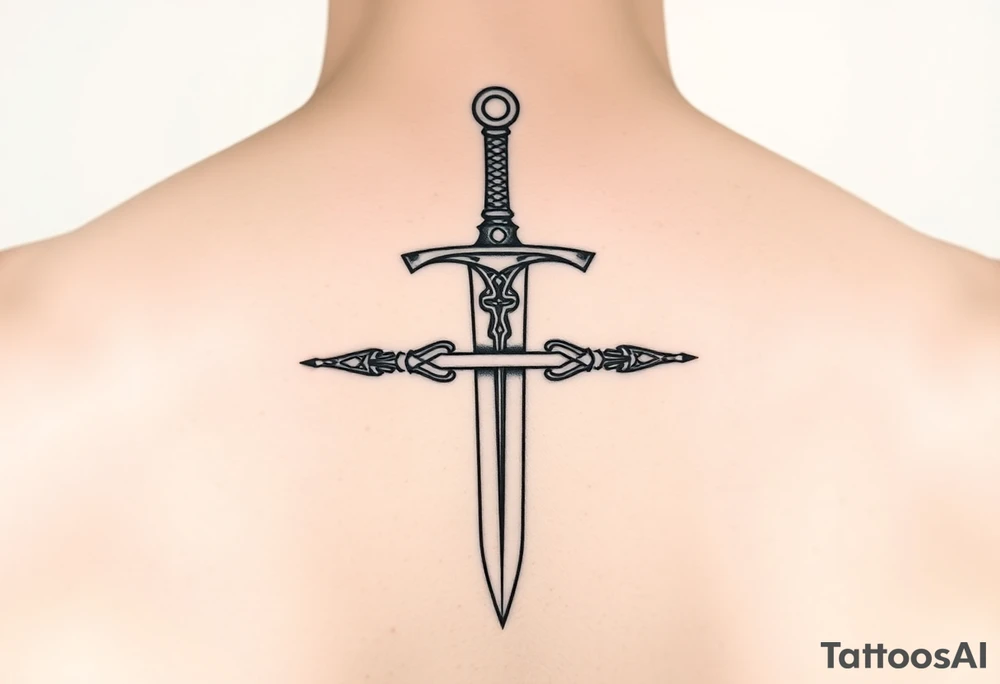 Fine line Celtic sword with a light horizontal line across the back of the blade tattoo idea