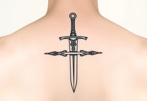 Fine line Celtic sword with a light horizontal line across the back of the blade tattoo idea