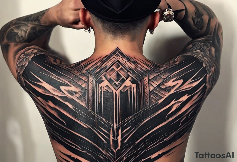 Certainly! Here’s a description for your back tattoo:

---

**Tattoo Description:**

Design: Black work, paint strokes.
Location: Back.
Concept: Dante's Inferno, representing the layers of hell.

**Design Details:**

1. **Vertical Lines:**
   - Two bold, vertical lines run parallel up the spine, symbolizing the journey through the depths of Dante's Inferno.

2. **Horizontal Lines:**
   - Nine horizontal lines intersect the vertical lines, each representing one of the nine circles of hell.
   - The lines descend down the back, each becoming progressively shorter and narrower to signify the decreasing levels of hell's circles.
   - The paint stroke style gives the lines a dynamic, brush-painted appearance, enhancing the dramatic and artistic effect.

3. **Overall Style:**
   - The black work technique ensures a striking contrast, with deep black ink emphasizing the severity and depth of the concept.

Sure, here's a simplified version:

---

**Tattoo Description:**

**Design:** Black work, paint strokes.
**Location:** Back.
**Concept:** Dante's Inferno, layers of hell.

**Details:**

1. **Vertical Lines:**
   - Two parallel lines up the spine.

2. **Horizontal Lines:**
   - Nine perpendicular lines, descending and decreasing in width.

**Style:**
   - Bold black work with paint stroke effects.

---

This version is straightforward and clear.

---

This description provides a clear and detailed vision for your tattoo artist to work from, capturing the essence and symbolism of Dante’s Inferno in a powerful and visually striking way. tattoo idea