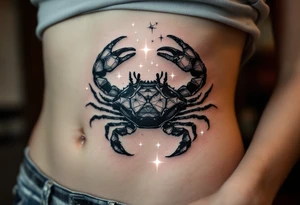 A monochrome Cancer crab is shaded in black and gray beneath constellation stars glowing in white ink. tattoo idea