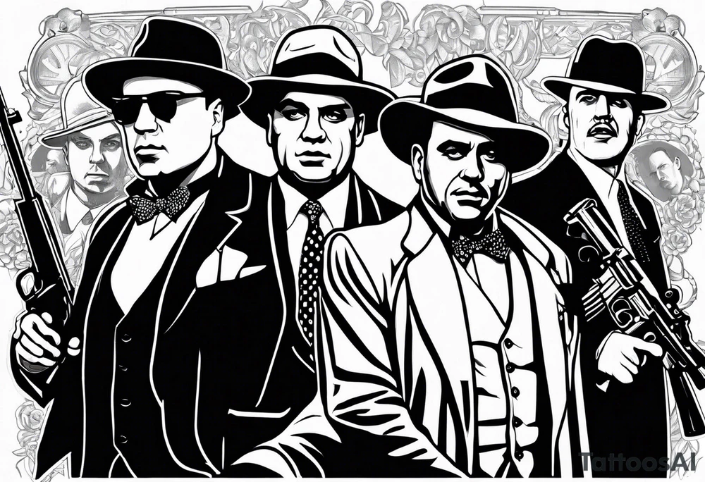 group of gangsters standing together including Al Capone, John Dillinger, Machine Gun Kelley, Bonnie and Clyde along with tommy guns tattoo idea