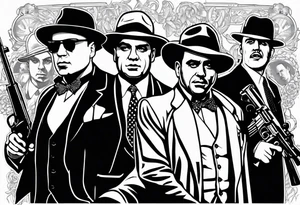 group of gangsters standing together including Al Capone, John Dillinger, Machine Gun Kelley, Bonnie and Clyde along with tommy guns tattoo idea