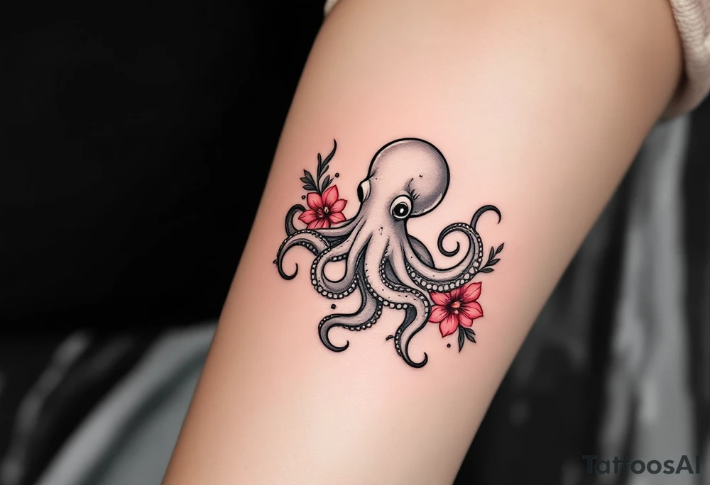 A small realistic black and grey tattoo of an octopus, cute, with detailed shading and soft linework, showing the octopus with swirling tentacles, on light skin. ornamental flowers around with red ink. The style is minimalistic and elegant, resembling fine-line tattoo with a shadow tattoo idea