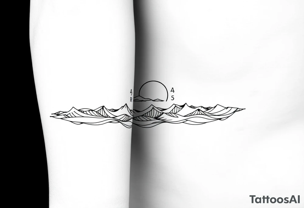 Wrap-around forearm tattoo, black and white line art. Calm sea waves and horizon, sun or moon above with subtle Norse runes (Algiz, Raido). Balanced, elegant, marine and mythological. Clean outlines, high contrast, stencil-ready. tattoo idea