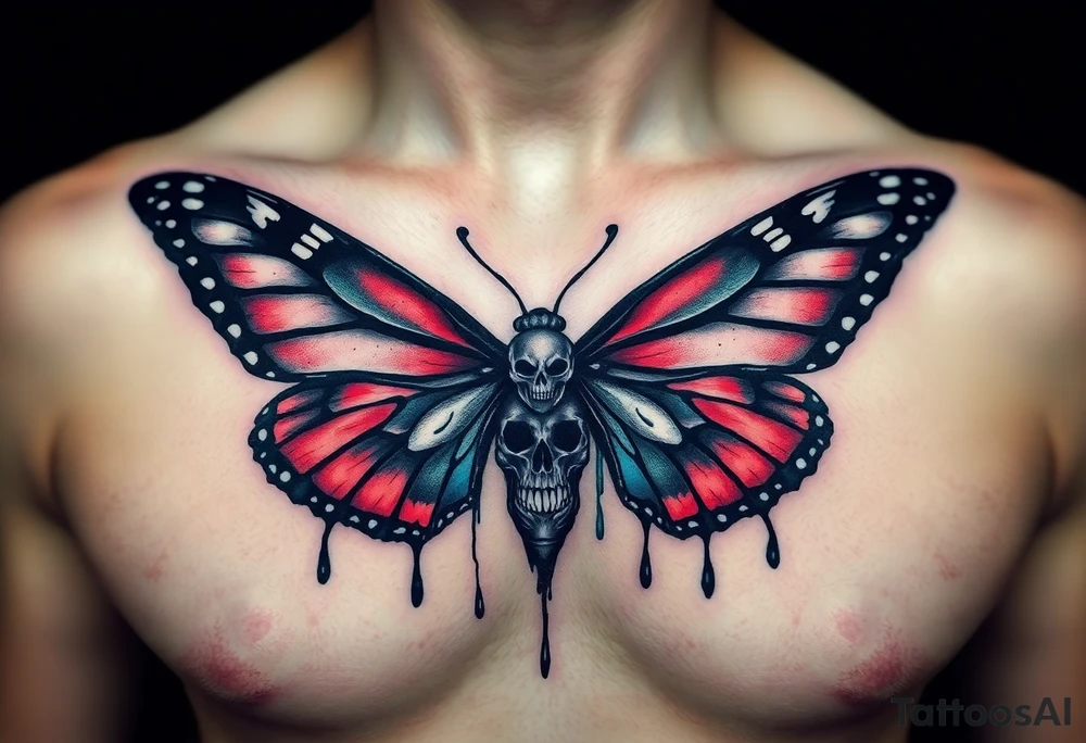 powerful majestic and dark monarch butterfly with skull detail in the wings
hidden skulls in wings, skull detail making the body of the butterfly with a horror style dripping effect, including blue, red and white colouring
placement on chest
combine the favorites tattoo idea