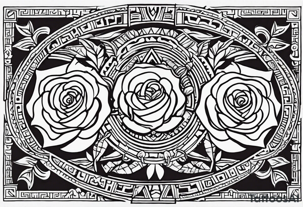 Design a masculine tattoo depicting three delicate rose buds being embraced and protected by a pile of Aztec weapons. The weapons should include elements such as the macuahuitl (Aztec sword-club), obsidian blades, and shields, arranged in a way that forms a protective circle or embrace around the roses. Carve the entire image as if it were a stone sculpture by an ancient Aztec artist, with the texture resembling intricately detailed stone carvings. The roses should be slightly softer but still stylized in stone, giving the entire tattoo a powerful, yet artistic and ancient feel. Use bold, sharp lines to capture the essence of Aztec craftsmanship tattoo idea