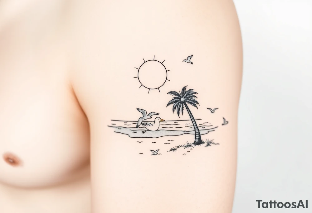 happy, peaceful, serene, timeless, ocean, sand, palm tree, seagulls, sun, subtle, masculine tattoo idea