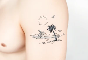 happy, peaceful, serene, timeless, ocean, sand, palm tree, seagulls, sun, subtle, masculine tattoo idea