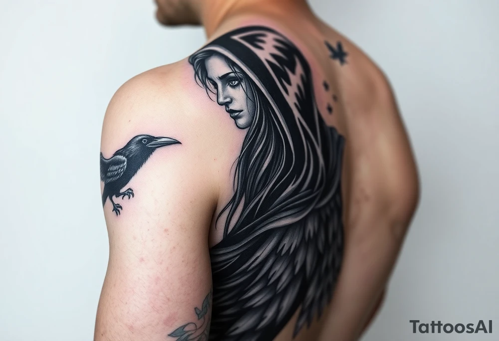 Left sleeve tattoo of the Morrigan Celtic  goddess of death. Powerful middle age woman of great wisdom and knowledge. Realistic and black and white imagery with potentially a splash of purple: images of crows can be built into it. 

Stronger focus on Celtic side of things, increase the age, add a hood. tattoo idea