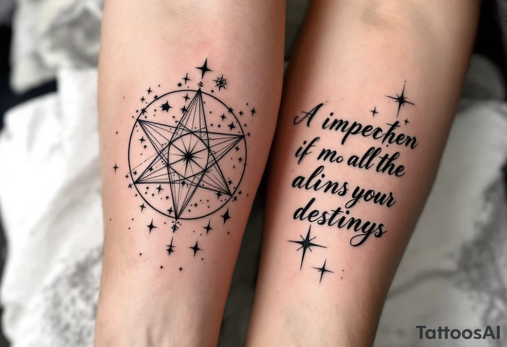 A split celestial star map in black and white across man and woman forearms aligns your destinies. tattoo idea