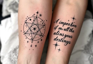 A split celestial star map in black and white across man and woman forearms aligns your destinies. tattoo idea
