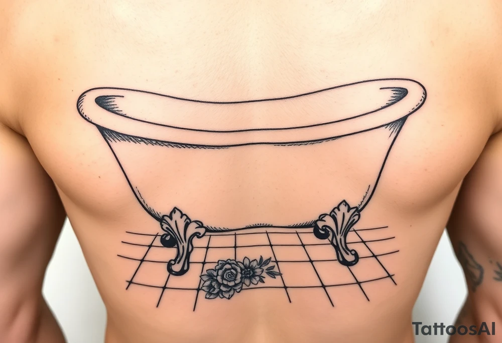 clawfoot bathtub with visible tile bathroom floor and a small bouqet of flowers on the floor tattoo idea