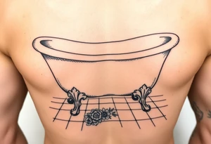 clawfoot bathtub with visible tile bathroom floor and a small bouqet of flowers on the floor tattoo idea