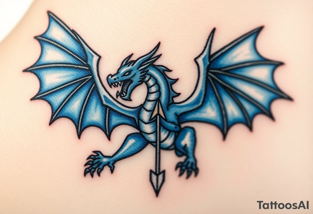 Blue fire breathing dragon with wings spread and an arrow through its chest tattoo idea
