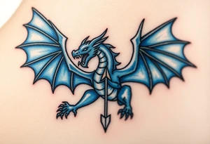 Blue fire breathing dragon with wings spread and an arrow through its chest tattoo idea