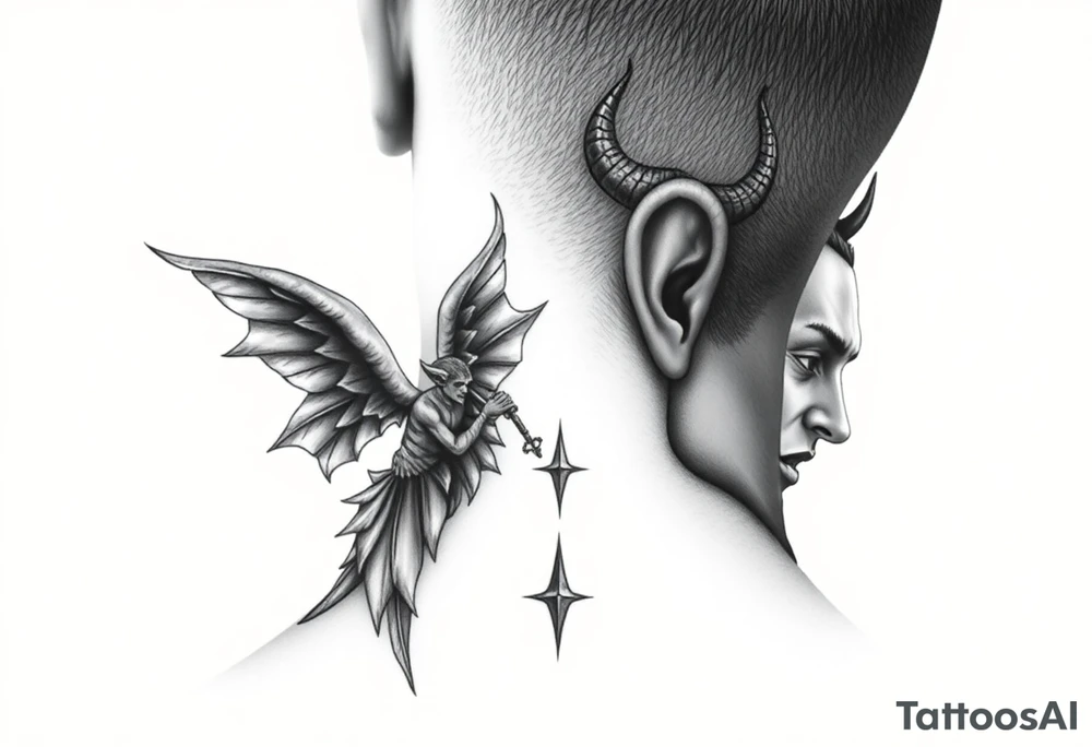 position behind the neck Angel (on the right) whispering in the right ear, demon (on the left) whispering in the left ear. It must be as realistic as possible. tattoo idea