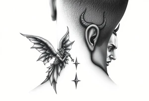 position behind the neck Angel (on the right) whispering in the right ear, demon (on the left) whispering in the left ear. It must be as realistic as possible. tattoo idea