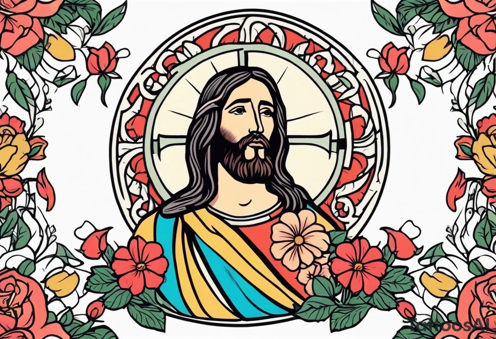 jesus
old school vintage simple traditional design with vintage flowers surrounding
bold color simple tattoo idea