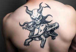 An insane human with alien eyes and the devils  riding a turtle who has a giant open mouth and long teeth with ram horns tattoo idea