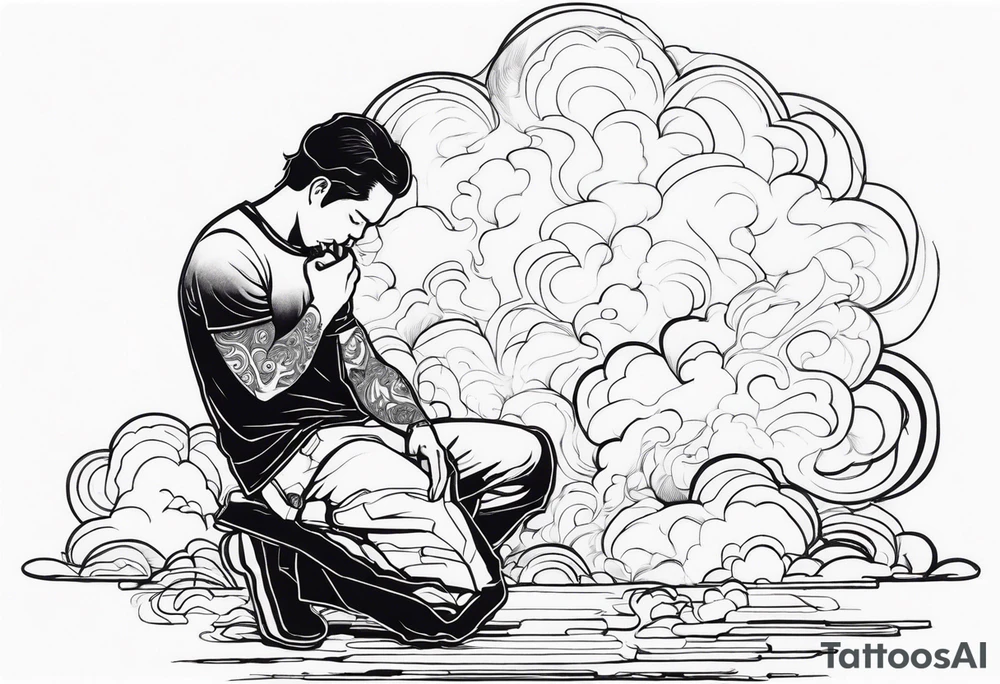 Men kneeling like he went through s bad time and a cloud looking like a debil behind him tattoo idea